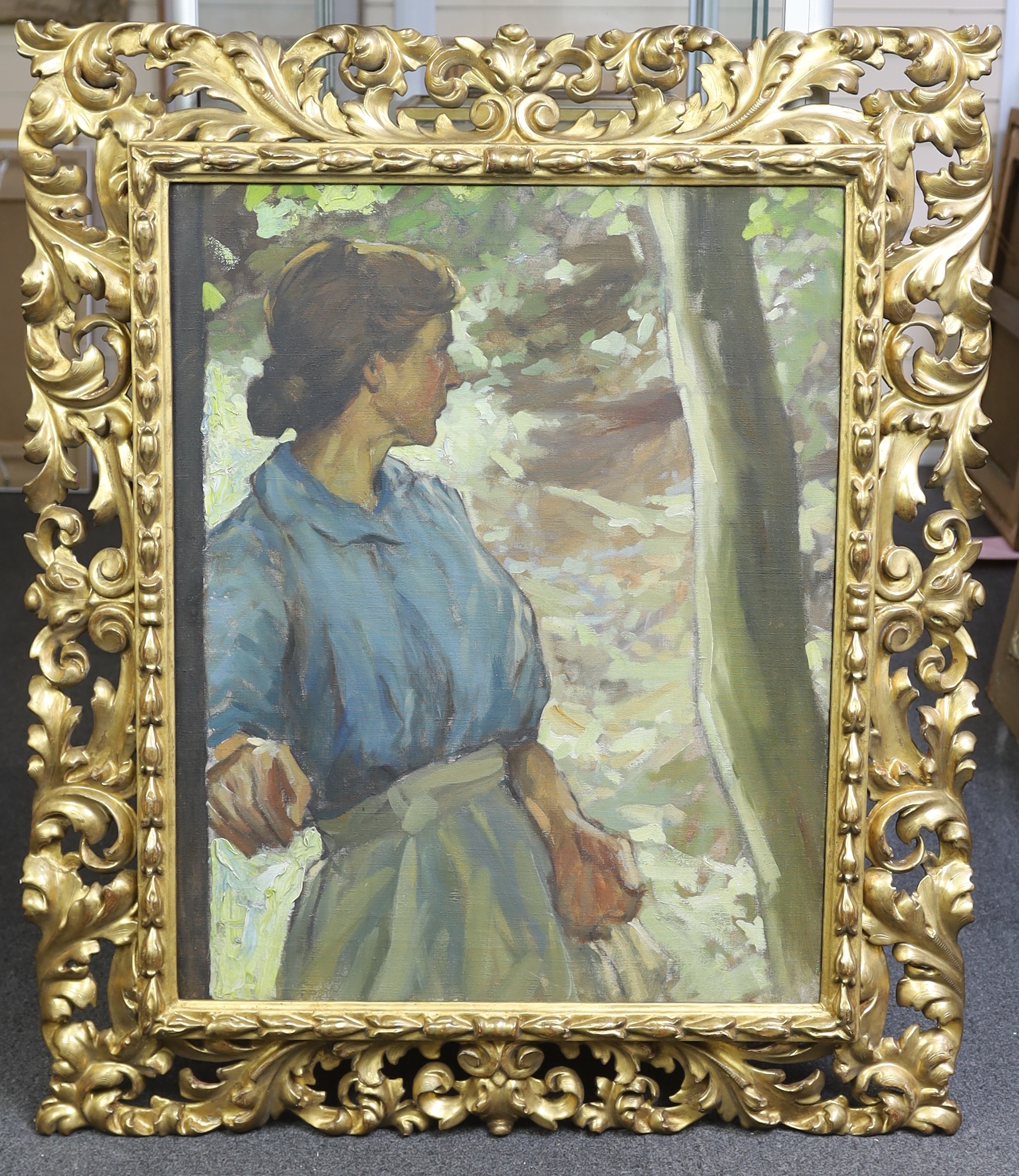 Early 20th century Newlyn School, Woman in woodland, oil on canvas, 75 x 60cm